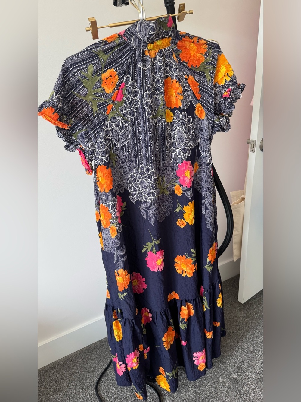 Anthropologie Navy Midi Dress with Orange & Pink Floral Motif - Picture 5 of 5